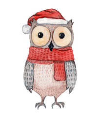 Cute watercolor brown owl in knitted red scarf and Christmas hat. Childish cartoon New Year illustration with cheerful bird for greeting card design, banner, sticker,