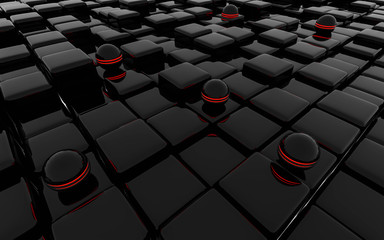 Black cube abstract texture background with glowing red spheres 3d illustration render