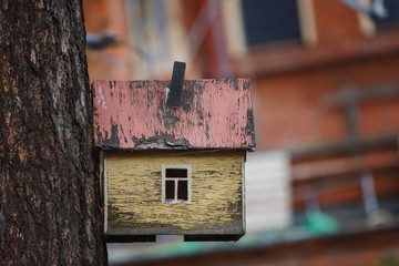 Wooden yellow birdhouse in a residential area of the city. A simple birdhouse. Bird shelter, birdhouse on a tree