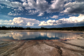 Yellowstone landscape with lake and clouds