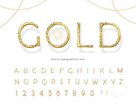 Gold glitter 3d font. Luxury golden colored ABC letters and numbers. Elegant glamour alphabet for holidays design. Vector