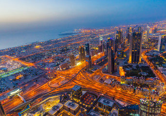 Aerial view of Downtown Dubai at the sunset