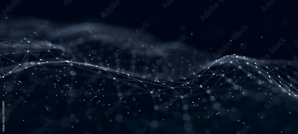 Poster Futuristic abstract mesh. Wave with the connection of dots and lines. 3D rendering.