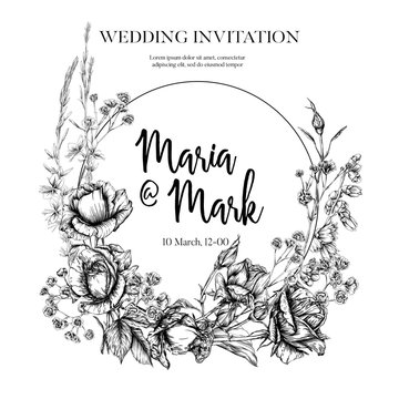 Wedding invitation with roses and spring flowers. Graphic drawing, engraving style. Vector illustration. In white and black color.