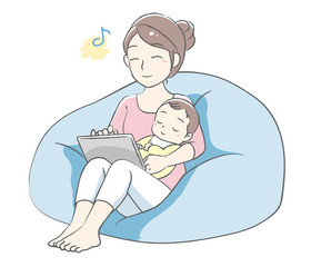 Young mother using her tablet.  Shopping ,searching or other use. Vector illustration.