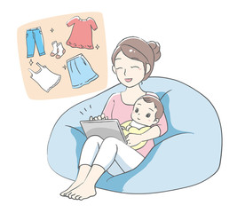Young mother enjoying online shopping.   Vector illustration.