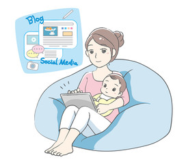 Young mother writing a blog, enjoying on social media. Vector illustration.