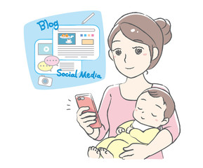 Young mother writing a blog, enjoying on social media. Vector illustration.