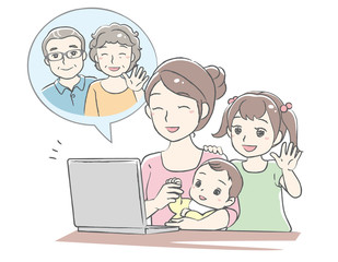 Young mother have a video call chat with her children. Distant call. Vector illustration.
