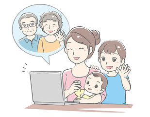 Young mother have a video call chat with her children. Distant call. Vector illustration.