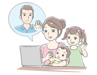 Young mother using Skype with her children. Distant call. Vector illustration.