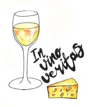 Bright hand drawn watercolor wine design elements (in vino veritas - verity in wine). Cheese, olives, glass, lettering