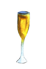 champagne bottle and glass, drawing by watercolor and ink, hand drawn illustration
