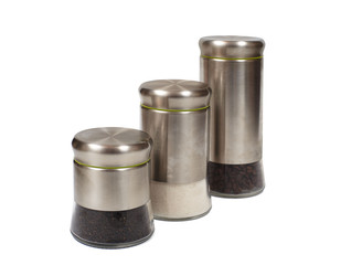 Glass jars with metal caps for coffee, tea, sugar on white background, isolated