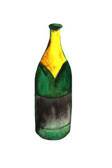 champagne bottle and glass, drawing by watercolor and ink, hand drawn illustration