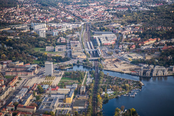Fototapeta premium Potsdam, Germany, central city with Brandenburg state parliament, St. Nikolaikirche Potsdam, Central Station, river Havel, aerial view during early autumn,