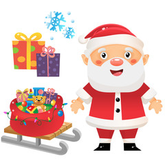 Santa Claus with gift. Christmas bag with gifts, toys and sweets on sledge. New year. Christmas set for kids