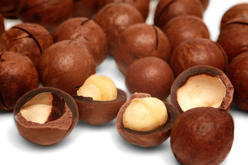 Macadamia nuts on white background, isolated, closeup