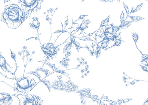 Naklejki Roses and spring flowers seamless pattern. Graphic drawing, engraving style. Vector illustration.