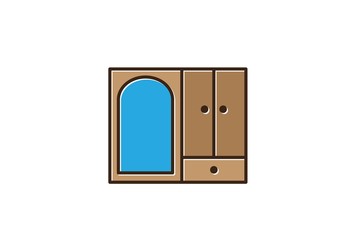 Brown cabinet with mirror furniture interior logo design with flat vector graphics