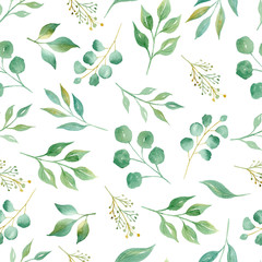 Tree twigs with leaves watercolor raster seamless pattern