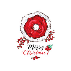 Merry Christmas cartoon vector banner template. Cute Santa red hat with candy sticks and mistletoe twig illustration. Happy New Year banner layout. December holidays wishes poster design