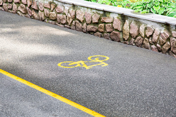 Bicycle symbol on an asphalt road, close up nobody.