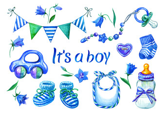 Set for a newborn boy: flags, rattle-machine, booties, socks, pacifier, bottle with milk, bib, bells, watercolor clip art for cards, invitations, etc. isolated on white background.