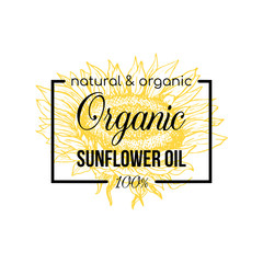 Fototapety  Natural sunflower oil vector logo template. Yellow flower sketch in black rectangle frame hand drawn illustration. Bio product packaging label design. Homemade eco cooking oil logotype layout
