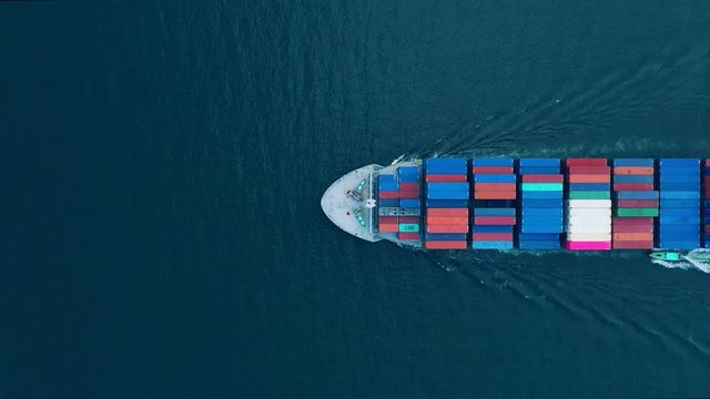 Aerial view of sea freight, Cargo ship, Cargo container in factory harbor at industrial estate for import export around in the world, Trade Port / Shipping - cargo to harbor