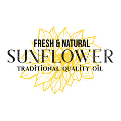 Fresh and natural sunflower oil vector realistic logotype template. Yellow flower blossom sketch with text isolated on white background. Organic traditional quality cooking oil package label design