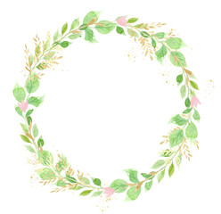 Obraz premium Circlet of leaves and flowers hand drawn watercolor raster frame