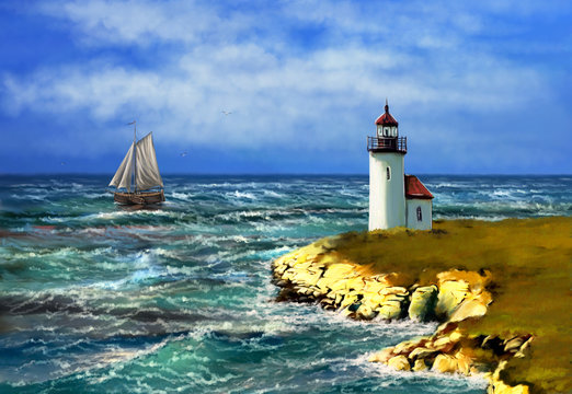 Oil paintings landscape, digital art, sea landscape, fishermen,lighthouse on coast of sea. Fine art.