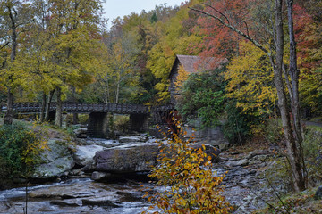 Beautiful Glade Creek Grist Mill located in Babcock State Park in West Virginia. Fall landscape.