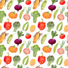 Seamless pattern with fresh watercolor vegetables. Cucumber, beet, pumpkin, broccoli, artichoke, pepper, tomato, peas, squash, potato, corn, onion