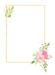 Golden frame with beautiful flowers watercolor hand drawn raster illustration