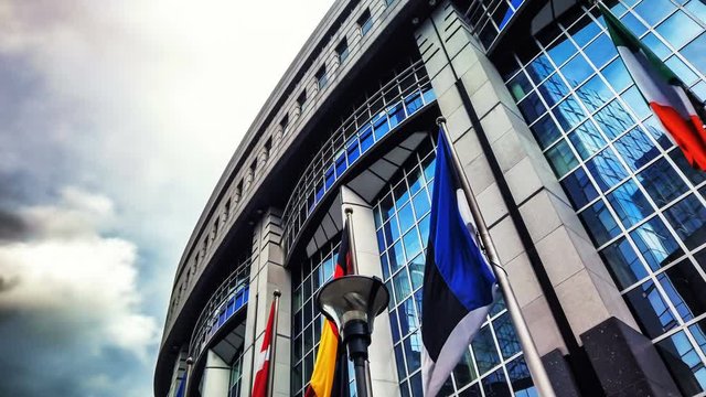 EU members flags waiving in front of European Parliament. Brussels, Belgium