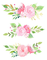 Pink blossoms with leaves watercolor raster illustration set