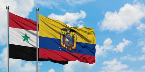 Syria and Ecuador flag waving in the wind against white cloudy blue sky together. Diplomacy concept, international relations.