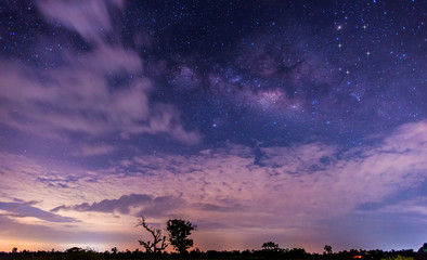 Amazing Panorama blue night sky milky way and star on dark background.Universe filled, nebula and galaxy with noise and grain.Photo by long exposure and select white balance
