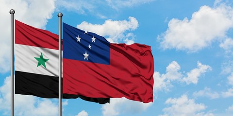 Syria and Samoa flag waving in the wind against white cloudy blue sky together. Diplomacy concept,...