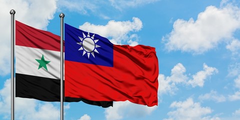 Naklejka na ściany i meble Syria and Taiwan flag waving in the wind against white cloudy blue sky together. Diplomacy concept, international relations.