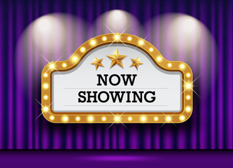 Cinema Theater and sign light up curtains purple design background, vector illustration