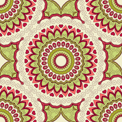 Decorative colorful ethnic seamless pattern for fabric or wrapping in oriental style. Hand drawn illustration