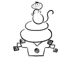 手描き　ネズミ　イラスト　迎春　鏡餅　年賀状