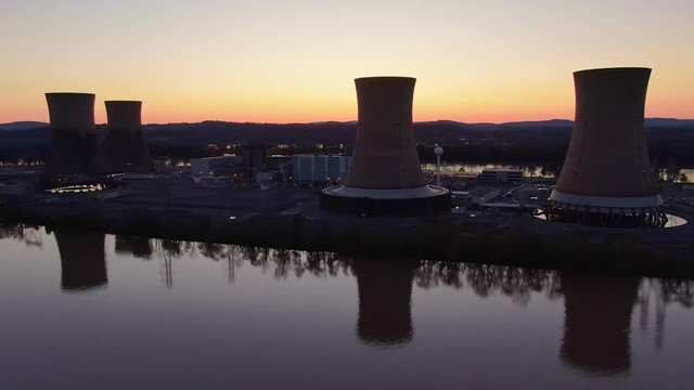 Nuclear Plant In Darkness After Being Shut Down, Atomic Energy Electricity Generating Station, Aerial View Of Three Mile Island Power Plant In Pennsylvania