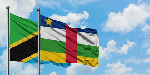 Tanzania and Central African Republic flag waving in the wind against white cloudy blue sky together. Diplomacy concept, international relations.