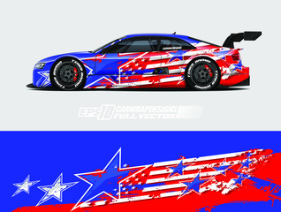 Car wrap decal designs. Abstract american flag and sport background for racing livery or daily use car vinyl sticker. Full vector eps 10.