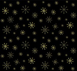 Vector seamless pattern of hand drawn golden doodle snowflakes isolated on black background. Christmas winter illustration 