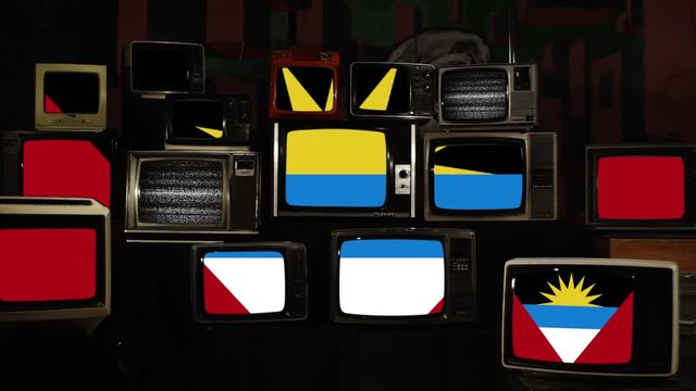 The flag of Antigua and Barbuda and Retro TVs. Zoom In.